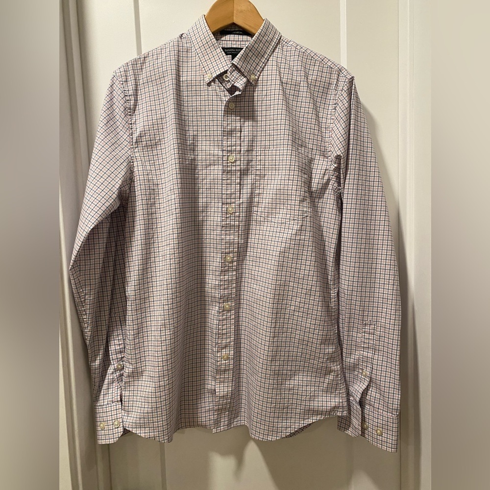 Banana Republic Men's Slim Flex Fit Plaid Shirt - White and Blue and Pink